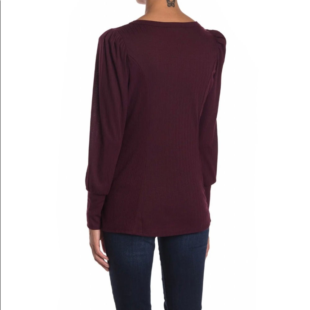 Chenault Burgundy Puff Shoulder Rib Textured Long Sleeve Top